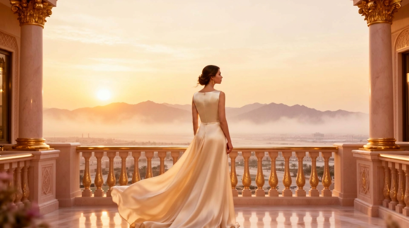 A woman in flowing silk on a marble terrace looking toward a golden sunrise over distant mountains